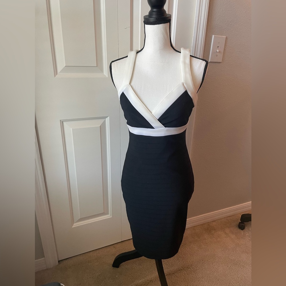 Guess Black and White Strapless Sheath Dress